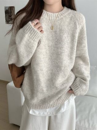 韩系慵懒风毛衣女秋冬季新款圆领软糯内搭宽松长袖套头针织衫上衣