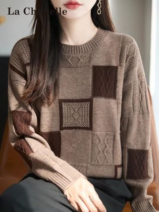 拉夏贝尔秋装时尚拼接针织打底衫女春秋洋气上衣大码女装秋冬毛衣